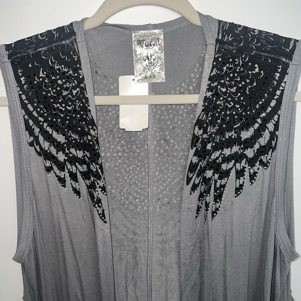 Vocal Womens XL Gray Embellished Fringe Vest Duster Black Beaded Boho Y2K - Picture 4 of 10
